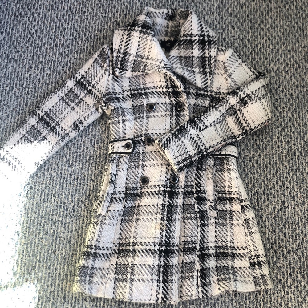 iZ Byer Double Breasted Black and White Plaid Coat